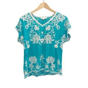 Solitaire Floral Embroidered Festival Boho Chic Turquoise Top Women’s Small